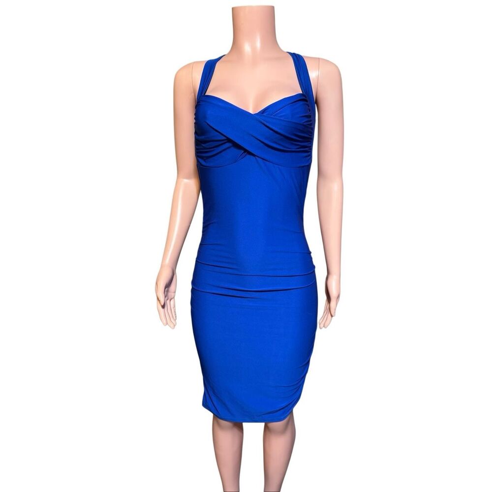 Sabora royal blue bodycon ruched design sweetheart neckline crossover dress L